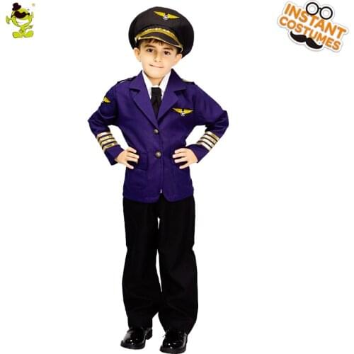 Purim Holiday Child Blue Airline Pilot Costumes Kids Suit with Hat Cosplay Uniform for Carnival Party