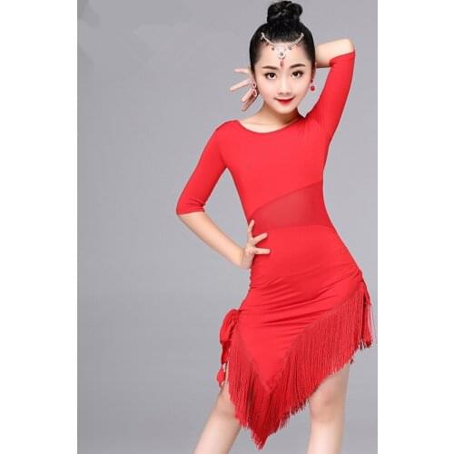 2020 New Kids Child Girls Latin Dance Dress Fringe Latin Dance Clothes Salsa Costume Black Red Ballroom Tango Dresses For Sale