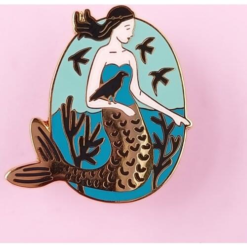 Charm Beautiful Mermaid and Black Crow Hard Enamel Pin Cartoon Fantasy Animal Medal Brooch Accessories Fashion Unique Jewelry