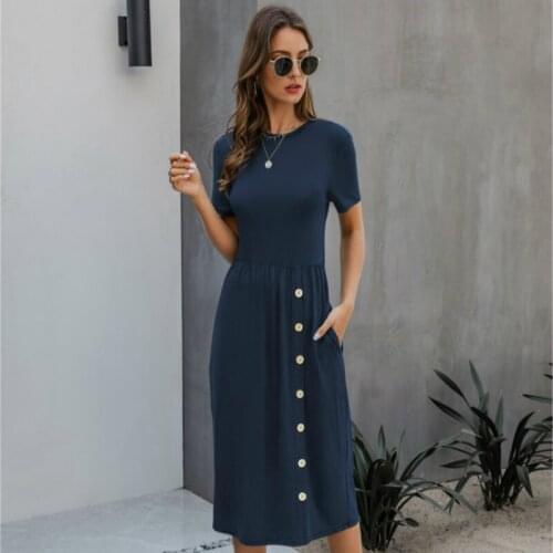 GOOHOJIO Summer New Elegant Casual Women Dress Solid O-Neck Midi Dress Ladies A Line Button Dress Vestidos Holiday femme robe