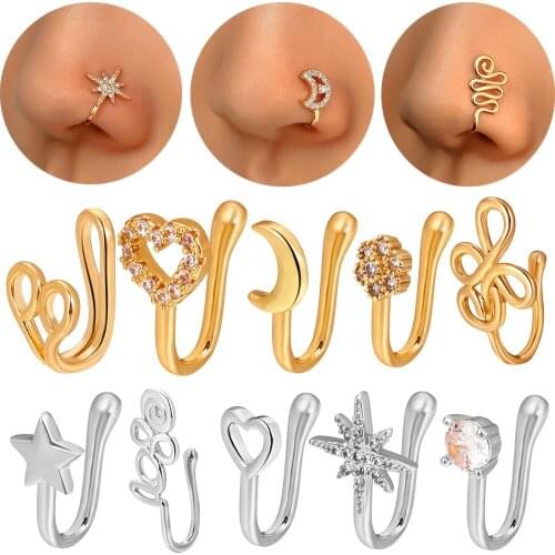 1Pcs Punk Heart Fake Piercing Nose Ring New Copper Wire Spiral Hip Hop Nose Clip U Shaped Zircon Cuffs Ear Clip Body Jewelry