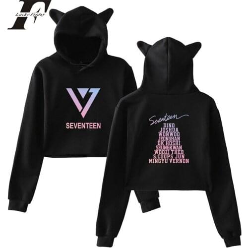 LUCKYFRIDAYF 2018 Seventeen HIT HOP CAT Ears Cap Short Sexy Hoodies sweatshirt cropped hoodie Women Exposed Navel K-Pop