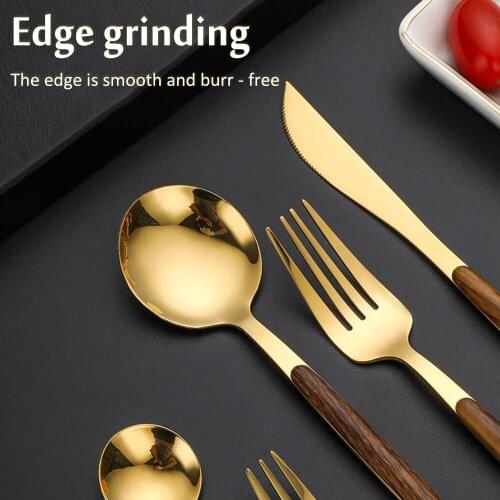 5PCS Gold Silver Wooden Handle Dinnerware Stainless Steel Cutlery Set For Tableware European Western Food Metal Spoon Fork Knife