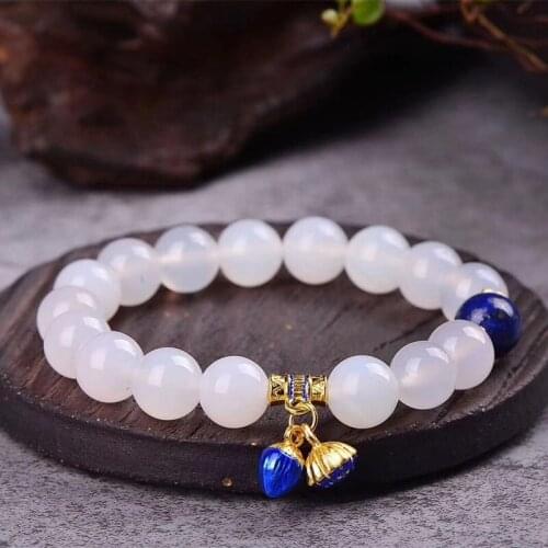 Natural white agate handcarved round beads lotus for couples woman men beads bracelet with jade bracelet