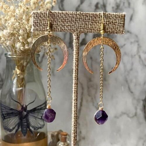 New Fashion Gold-plated Moon Natural Purple Quartz Crystal Pendant Long Earrings Witch Celestial Crystal Jewelry
