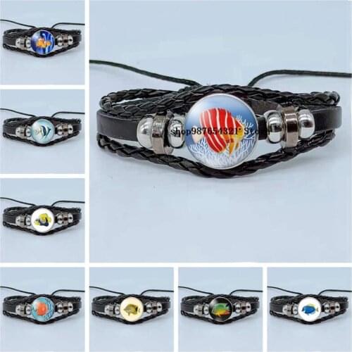 New Marine Biological Fish Bracelet Glass Dome Bracelet Multilayer Woven Leather Bracelet Jewelry