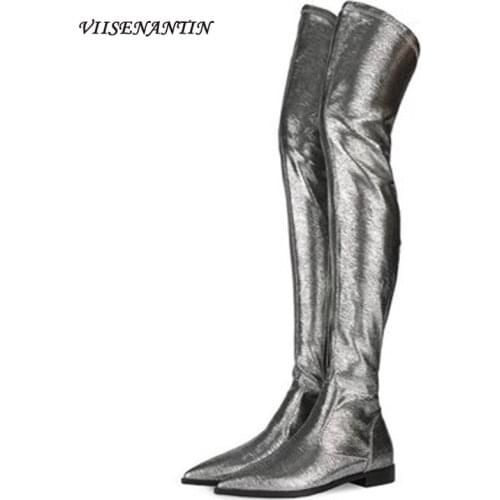 Flat Silver Lizard Pattern Tigh High Pointed Toe Over The Knee Stretch Boots PU Low Heel Zipper Solid New Designer Shoes Women