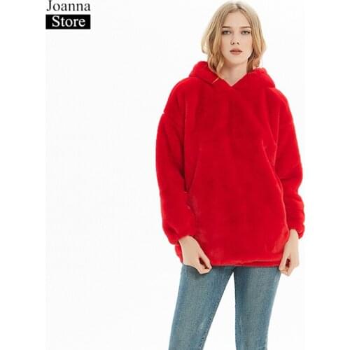 Autumn Winter New Women Faux Fur Hooded Jacket Fake Fur Fluffy Warm White Plush Hoodies Jacket Oversize Female Teddy Red Clothes