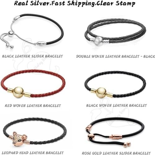 Black Red Leather Charms 925 Sterling Silver Bracelet Pdora DIY Women Beads Making Sliding Bangles