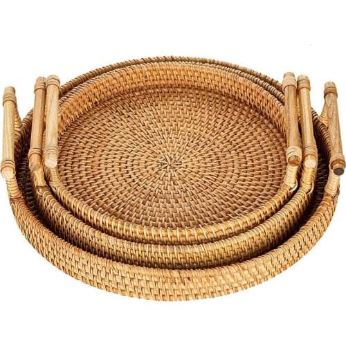 Rattan Dinner Plate (Three-Piece Set with Handle) Rattan Storage Tray Decorative Board for Organizers