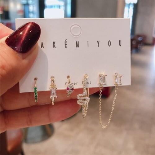 2021 New Inlaid With Shining Green Zircon Cute Snake Earrings Double Pierced Ears Chain Earring 6Pcs/Set For Charm Women Jewelry