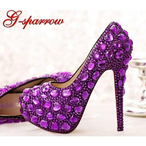 Purple Crystal Bridal Shoes High Heel Platforms Handmade Beautiful Rhinestone Wedding Party Shoes Luxury Graudation Prom Pumps
