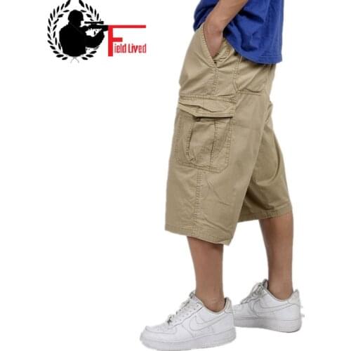 Military style summer men baggy cargo cotton knee length pant casual trouser male large loose big size khaki xxl 3xl 4xl 5xl 6xl