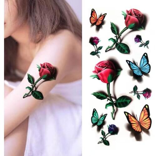 Butterfly 3D Rose Temporary Tattoo Sticker For Women Girls Body Art Flash Tattoo Stickers 10.5x15cm Waterproof Tatoo Sticker