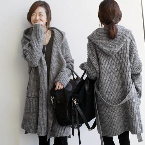 Womens Gray Knit Sweater Long Coats Belted Thickened Hooded Cardigan Loose Coat C98