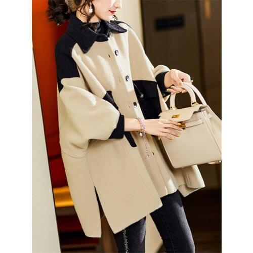 2021 Autumn Winter Womens Woolen Coat Loose Oversized Bat Sleeve Pockets Beige Splice Ladies Sape Wool Overcoat e180