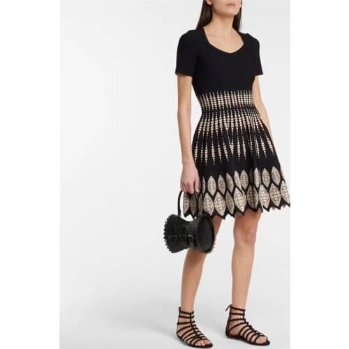 Top Quality Black Round Neck Short Sleeve A-Line Above Knee Rayon Bandage Dress Women Party Dress