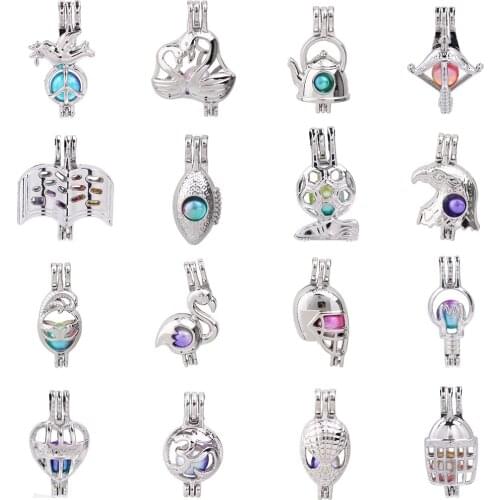 1pc Silver Plated Bird Swan Arrow Book Soccer Eagle Pearl Cage Pendant Bead Cage Essential Oil Diffuser Lockets Jewelry Making