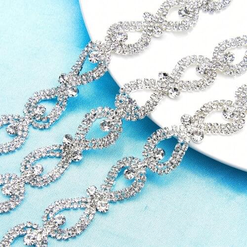 1 Yard Clear Crystal Rhinestone Bow Array Silver Metal Chain Bling Diamante Decoration Trim For Wedding Dress Belt Garment DIY