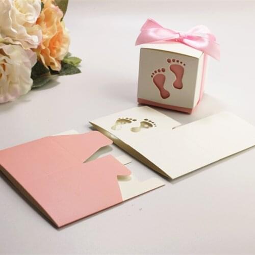 100pcs Baby Shower Feet Shape Dragee Candy Gift Box Wedding Favors Cake Chocolate Gift Packaging Wrapping Boxes with Ribbon