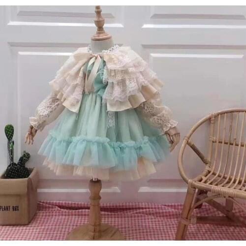 2PCS Spring Autumn Spanish Lolita Party Dress For Baby Girls Princess Long Sleeve Flower Bow Ball Gown For Children Clothes 2-8y