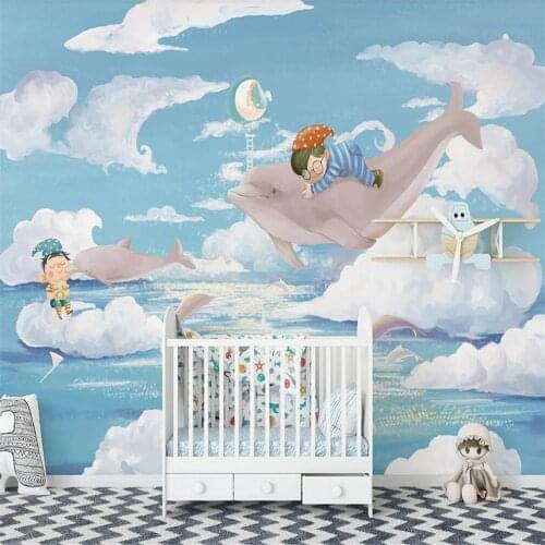 Milofi custom 3D wallpaper mural hand-painted cartoon marine dolphin childrens room background wall decoration painting wallpap