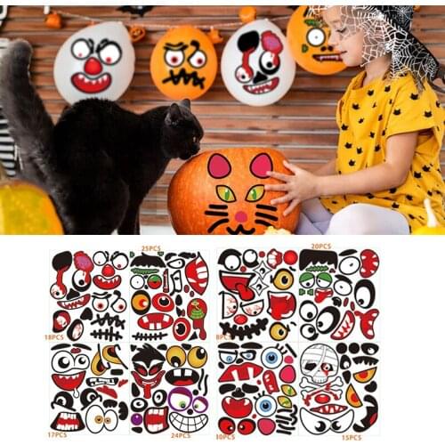 4 Sheets Halloween Pumpkin Decorating Stickers Jack-o-Lantern Decoration Kit Face Stickers New Hot Fashion Cute Halloween Decor