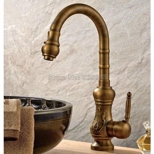 Antique Brass Gooseneck Style Swivel Spout Kitchen Sink Faucet Single Handle Mixer Taps Deck Mounted Wsf001