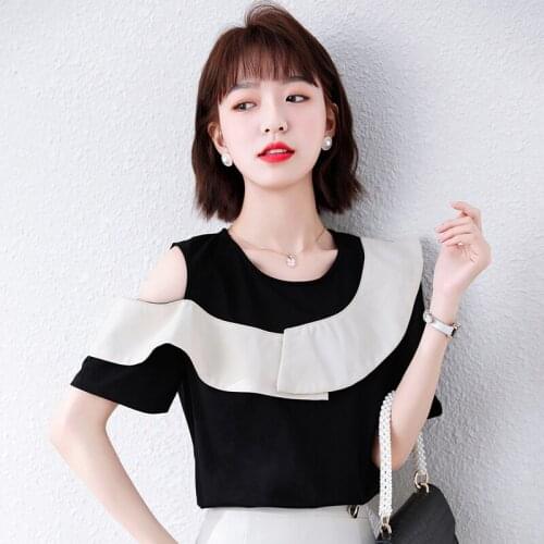 Summer Black and White Patchwork Blouses and Crop Tops for Women Korean Fashion Office Ladies Clothing Sexy Off Shoulder Shirts