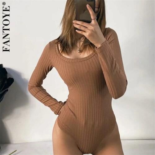 Fantoye Sexy Solid O Neck Bodycon Bodysuit 2021 Spring Long Sleeve Knit Basic Body Tops Jumpsuit Black Casual Fitness Overalls