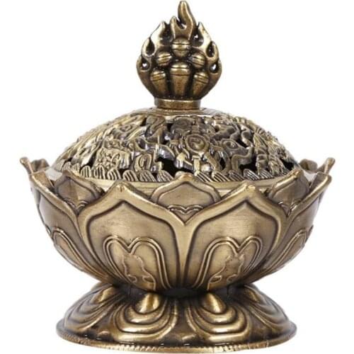 Incense Burner Lotus Bronze Zinc Alloy Vintage Incense Burner Censer Stick Cone Holder Smoke Ash Catcher for Home Decor