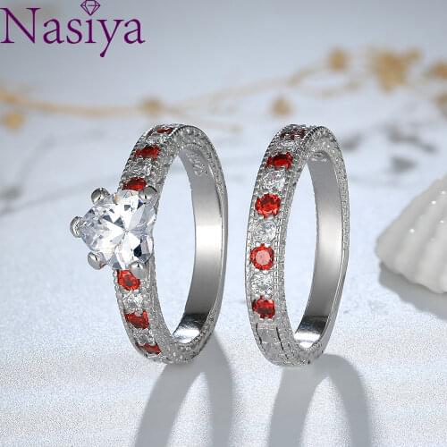Nasiya 925 Sterling Silver Ring Set Heart Shaped Red White Round Zircon Rings Women Engagement Wedding Fine Jewelry Party Gift