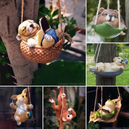 Creative Resin hammock swing Cute Puppy Mouse Rabbit Resin Lying Statue Garden Indoor Outdoor Hang On Tree Decorative Pendant