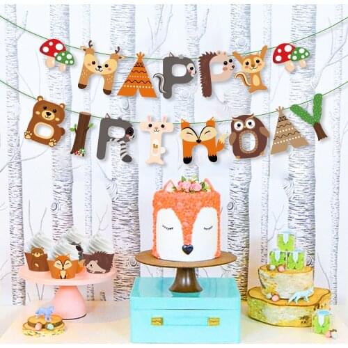 Woodland Happy Birthday Banners Safari Jungle Party Decorations Forest Cartoon Animals Kids Birthday Baby Shower Party Supplies