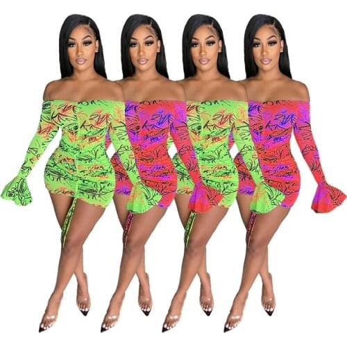 ZKYZWX Summer Print Bodycon Mini Dress Flare Sleeve Vacation Outfits for Women Off Shoulder Sexy Birthday Night Clubwear Dresses
