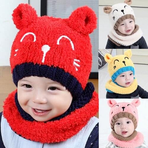 Hot Sale Baby Kids Soft Cap Winter Warm Cozy Knitted Cartoon Bear 3D Ears Crochet Boys Girls Baby Cute Beanie Hat Scarf Set