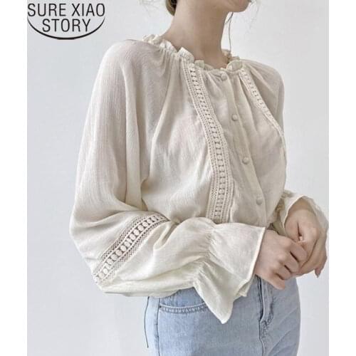 Fashion Apricot Ruffled Collar Blouse Button Shirt 2021 Autumn Flare Sleeve Vintage Lace Long Sleeve Blouse Casual Shirts 11450