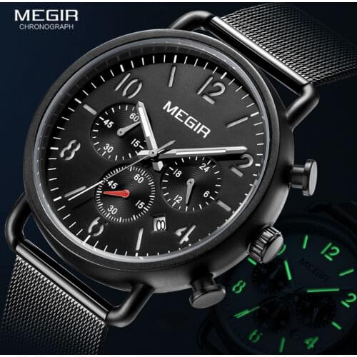 MEGIR Fashion Mesh Strap Chronograph Quartz Watches Men 2020 Casual Sports Luminous Watch Man Luxury Waterproof Brand Wristwatch