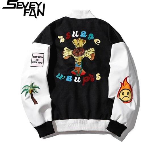 SEVEYFAN Mens Woolen PU Leather Patchwork Jackets Love Pattern Embroidery Coat Streetwear Hip Hop Coat for Male