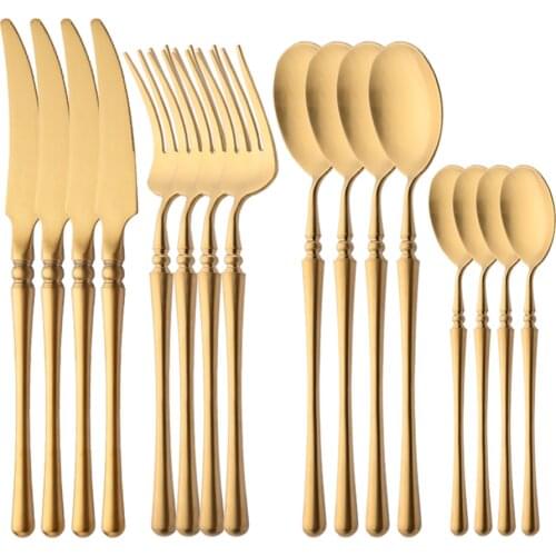 Vintage Matte Gold Flatware Cutlery Set 18/10 Stainless Steel Dinnerware Set Knife Fork Scoops Spoon Silverware Set Tableware