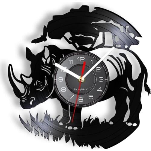 Safari Rhinocero Laser Cut Longplay Wall Clock African Animal Vinyl Disk Crafts Rhino Art Clock Wall Watch For Kid Living Room
