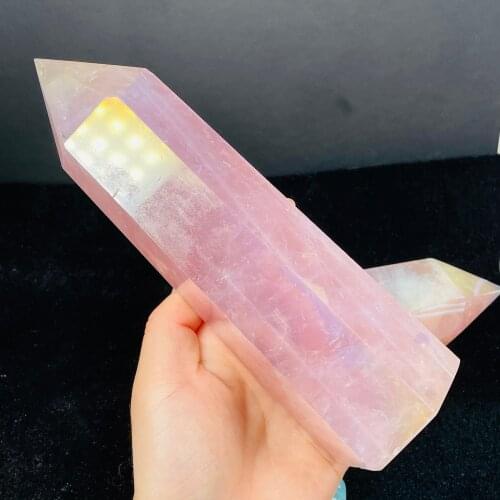 Natural Rose Crystal Pink Aura Crystal Point Wand Decor