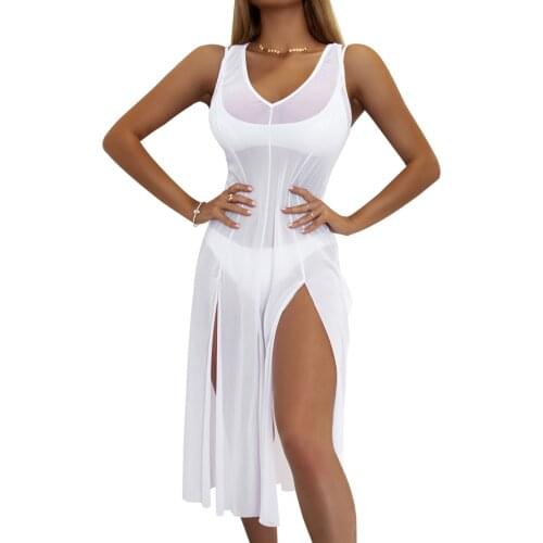 Sexy Women Spilt Beach Dress Cover Ups Solid Color Sheer Sleeveless Bikini Cover Short/Long Skirt with Side Slits for Girls