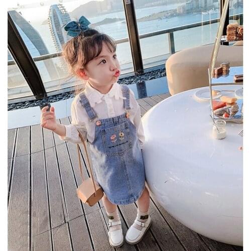 2 3 4 5 6 7 Years Toddler Girls Strap Dress 2021 Spring Autumn New Baby Casual Embroidery Dress Denim Suspender Dress for Girls