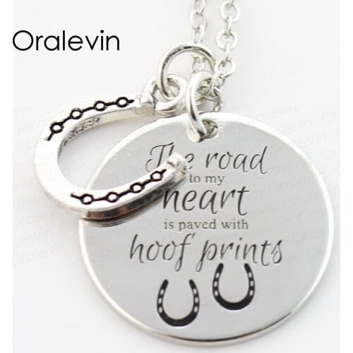 The Road to my heart is paved with hoof prints Engraved Horseshoe Pendant Charms Necklace Jewelry ,22MM, 10Pcs/Lot,#LN304