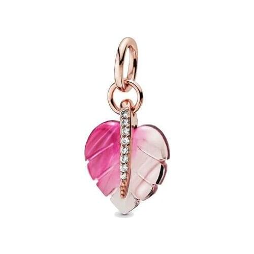 Genuine 925 Sterling Silver Charms Pink Murano Glass Leaf Pendant Beads Fits Women Pan Bracelets & Necklace Diy Jewelry
