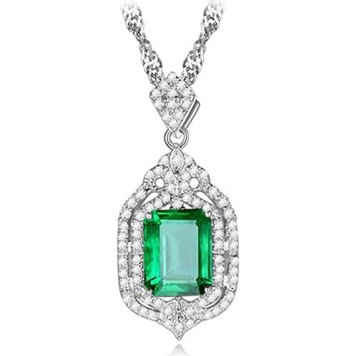 Luxury Royal Green Crystal Emerald Gemstones Diamond Pendant Necklaces For Women White Gold Silver Color Choker Jewelry Bijoux