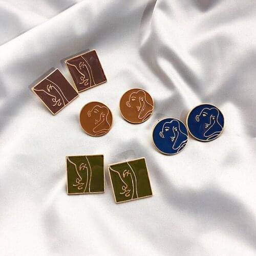 Baroque Oil Dripping Abstract Portrait Geometric Stud Earrings Vintage Unique Round Square Piercing Earrings For Women Jewelry