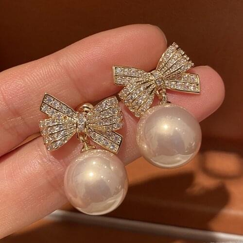 Fashion Champagne Pearls With Bow Earrings CZ Zircon Crystal Stud For Women Wedding Party Gift Jewelry Luxury Flower Luxurious