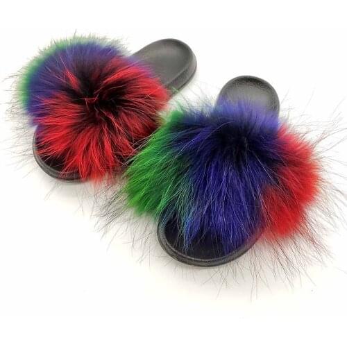 Fur Slides Women Furry Slippers Home Shose Real Fox Fur Sandals Mixed-color Striped Fluffy Flip Flops